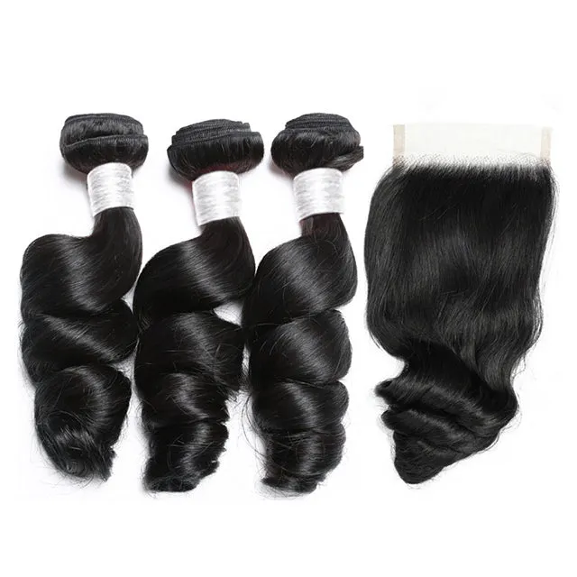 {12A 3Pcs Closure} Loose Wave Human Hair Bundles With Closure 4x4 Closure With Bundles