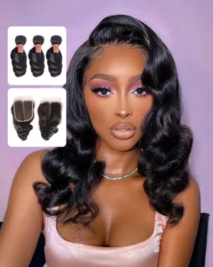 {12A 3Pcs Closure} Loose Wave Human Hair Bundles With Closure 4x4 Closure With Bundles
