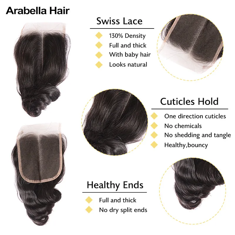 {12A 3Pcs Closure} Loose Wave Human Hair Bundles With Closure 4x4 Closure With Bundles