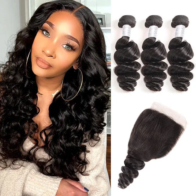 {12A 3Pcs Closure} Loose Wave Human Hair Bundles With Closure 4x4 Closure With Bundles