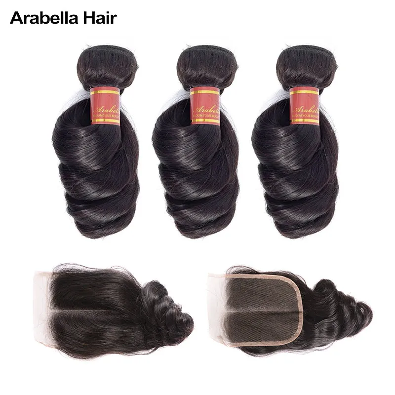 {12A 3Pcs Closure} Loose Wave Human Hair Bundles With Closure 4x4 Closure With Bundles