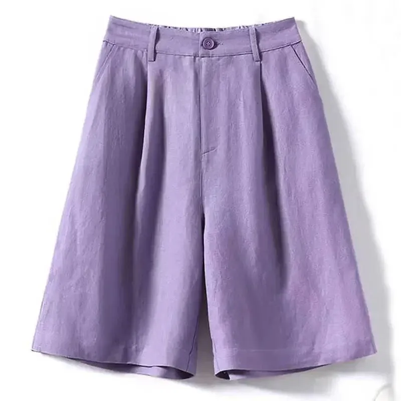 2025 Women's Cotton & Linen Shorts – Loose High-Waisted, Wide Leg, Retro Straight Casual Summer Pants
