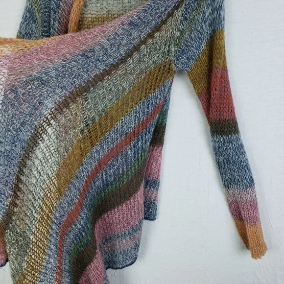 Anthro Knitted &amp; Knotted Rainbow Stripe Cardigan Duster Mohair Blend Airy Knit L