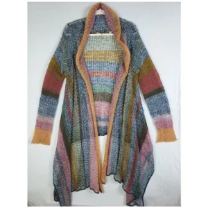Anthro Knitted &amp; Knotted Rainbow Stripe Cardigan Duster Mohair Blend Airy Knit L