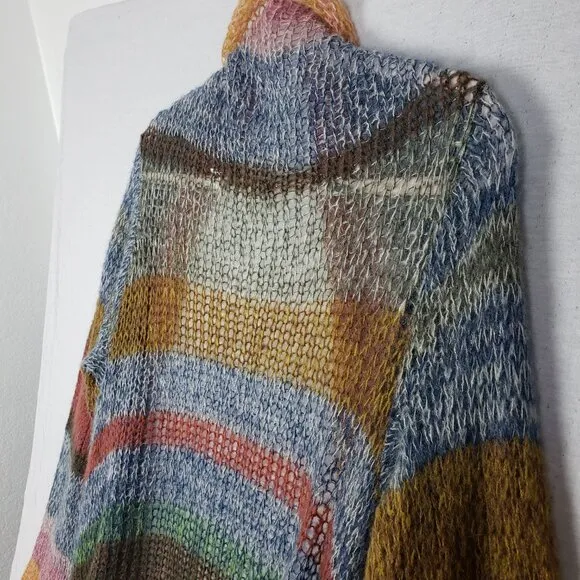 Anthro Knitted &amp; Knotted Rainbow Stripe Cardigan Duster Mohair Blend Airy Knit L