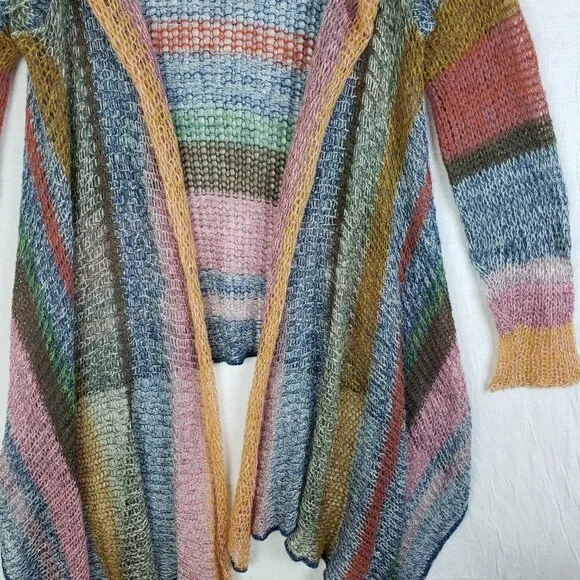 Anthro Knitted &amp; Knotted Rainbow Stripe Cardigan Duster Mohair Blend Airy Knit L
