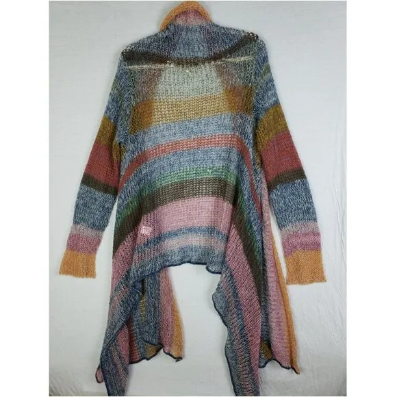Anthro Knitted &amp; Knotted Rainbow Stripe Cardigan Duster Mohair Blend Airy Knit L