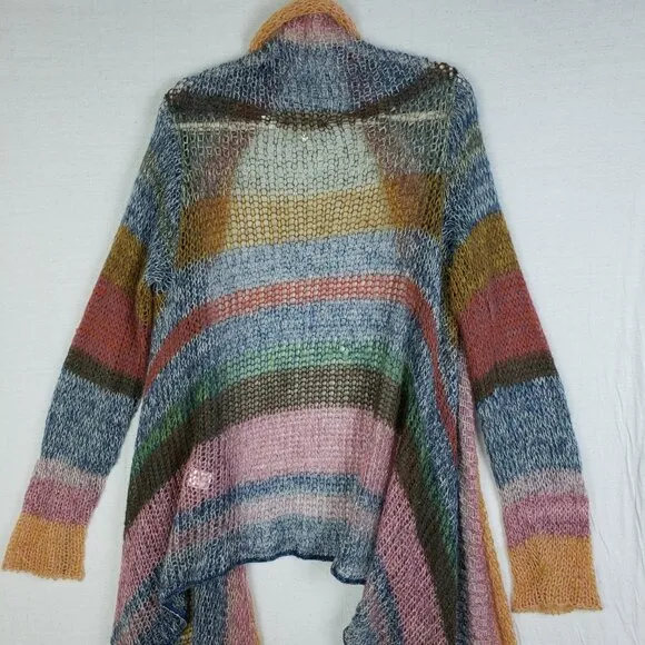 Anthro Knitted &amp; Knotted Rainbow Stripe Cardigan Duster Mohair Blend Airy Knit L