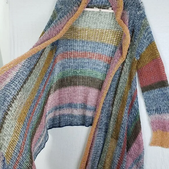 Anthro Knitted &amp; Knotted Rainbow Stripe Cardigan Duster Mohair Blend Airy Knit L