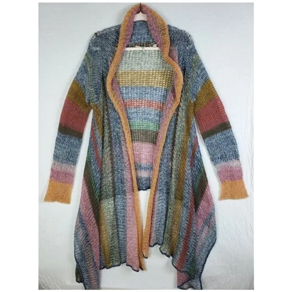 Anthro Knitted &amp; Knotted Rainbow Stripe Cardigan Duster Mohair Blend Airy Knit L