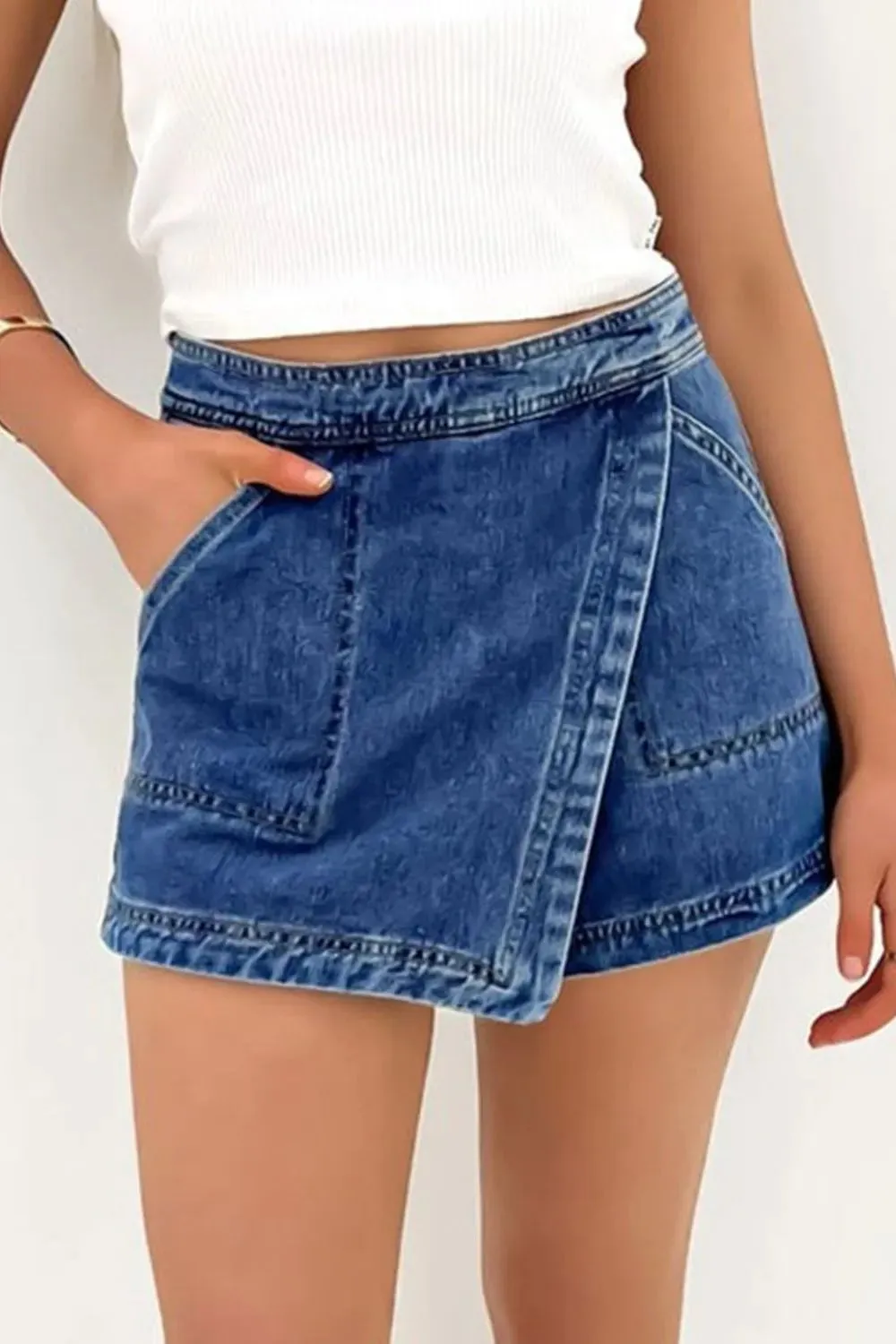 Asymmetrical Denim Skort with Pockets 4-16