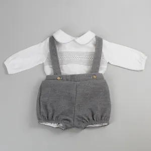Baby Boys Fleece Shorts with Braces and White Shirt - Grey