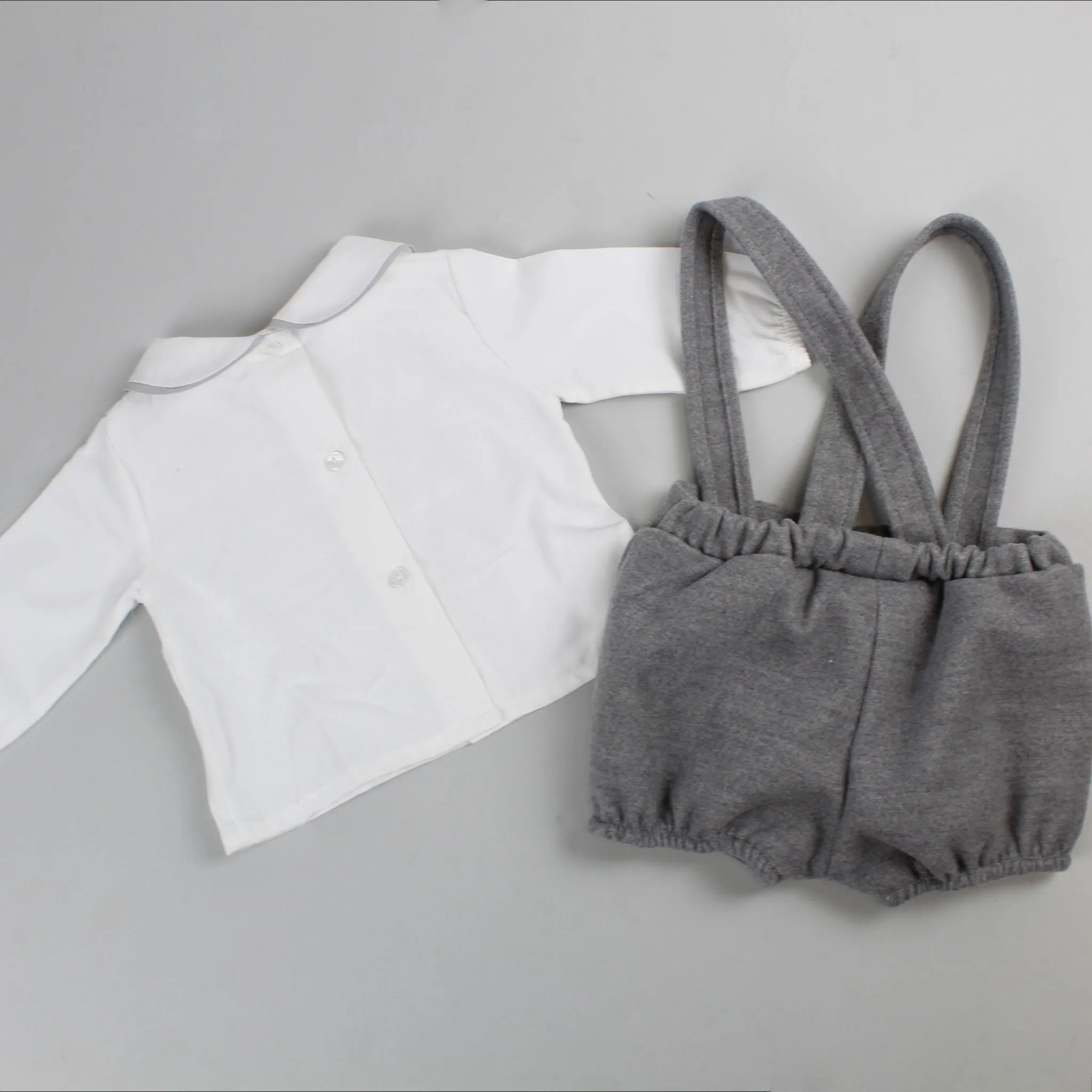 Baby Boys Fleece Shorts with Braces and White Shirt - Grey