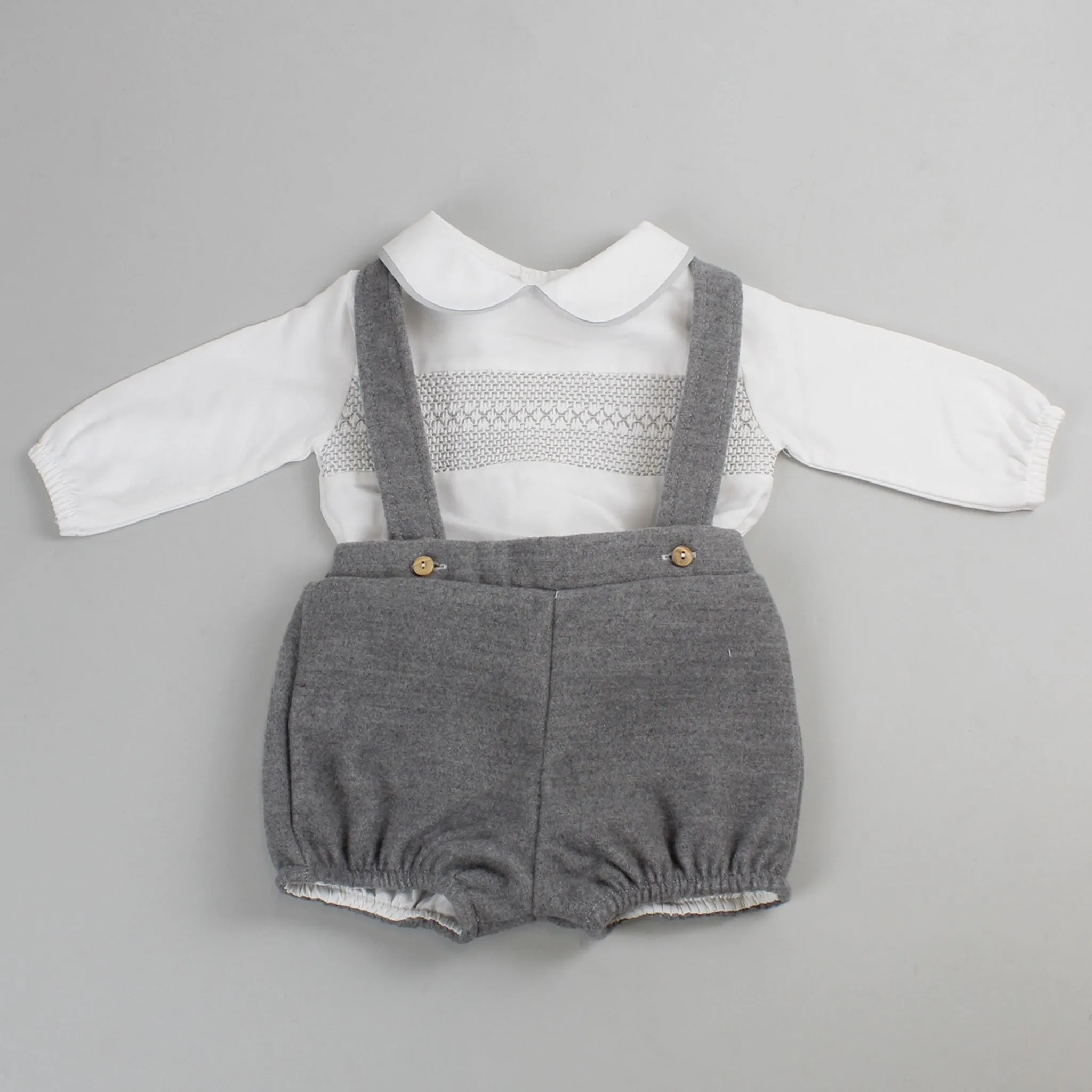 Baby Boys Fleece Shorts with Braces and White Shirt - Grey
