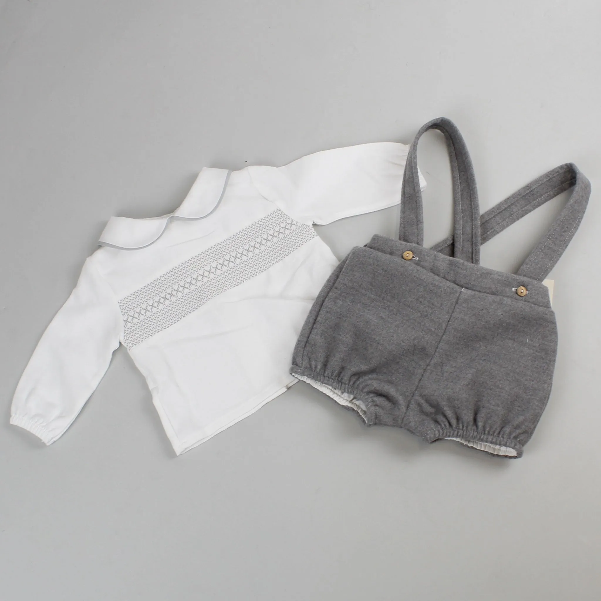 Baby Boys Fleece Shorts with Braces and White Shirt - Grey