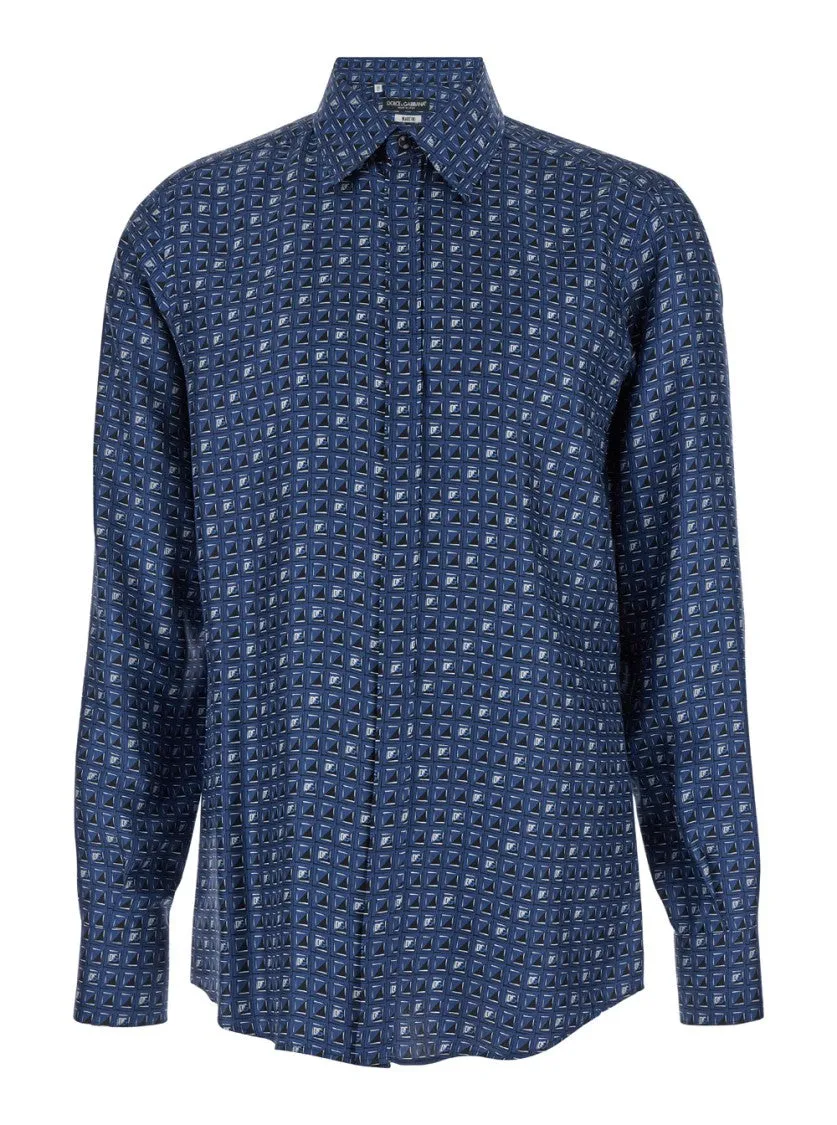 Blue Shirt With All-Over Print In Silk