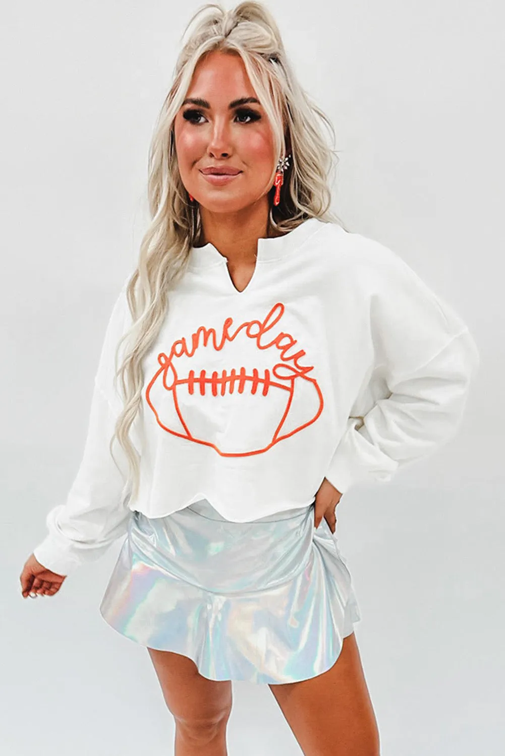 Bright White Game Day Lettering Rugby Notched Neck Sweatshirt