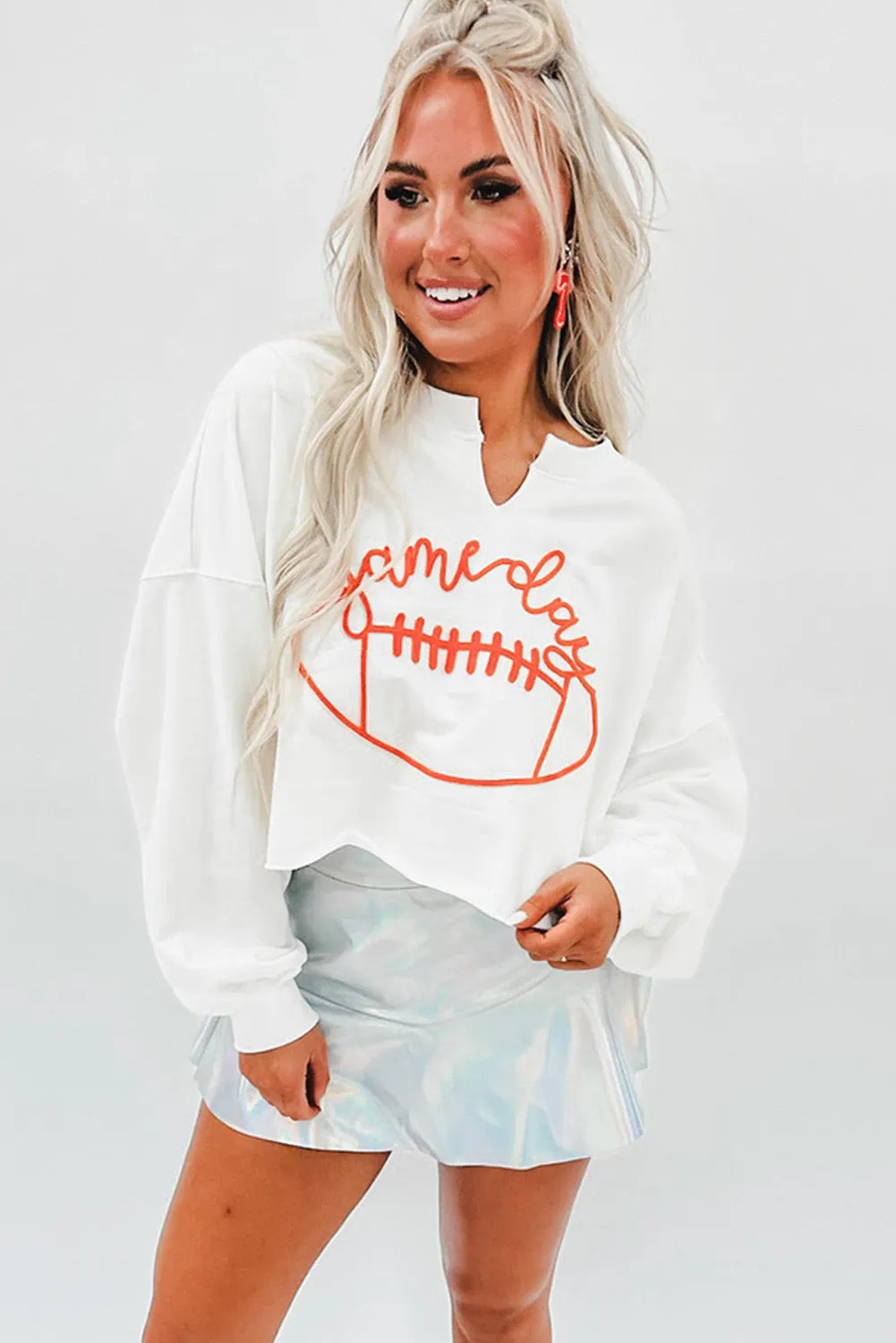 Bright White Game Day Lettering Rugby Notched Neck Sweatshirt