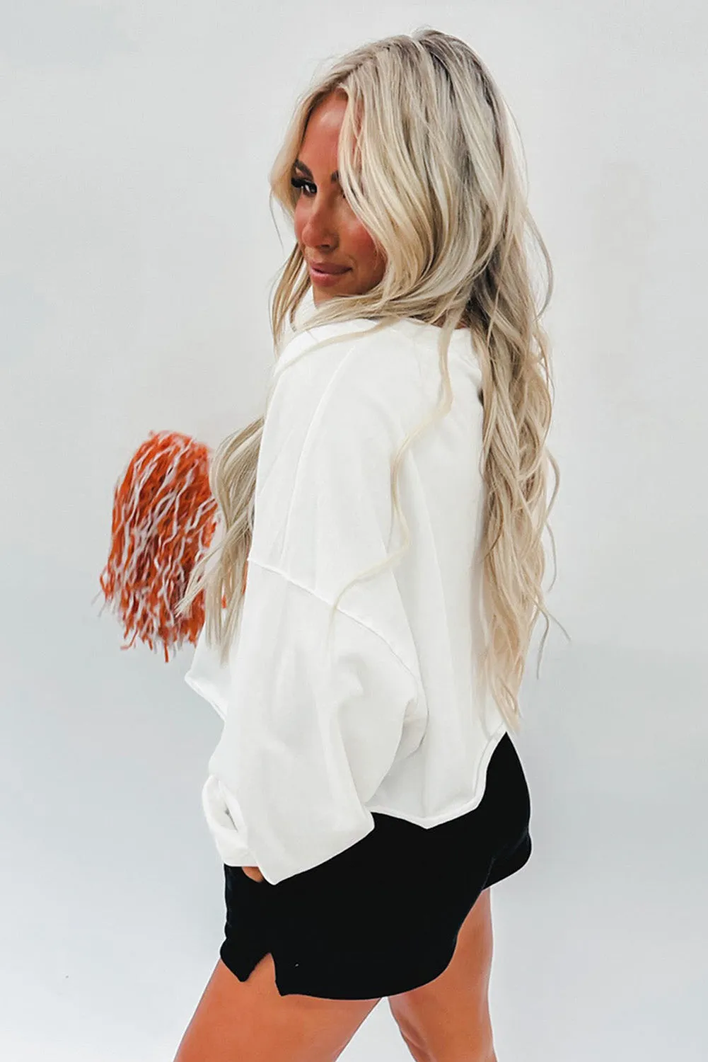 Bright White Game Day Lettering Rugby Notched Neck Sweatshirt