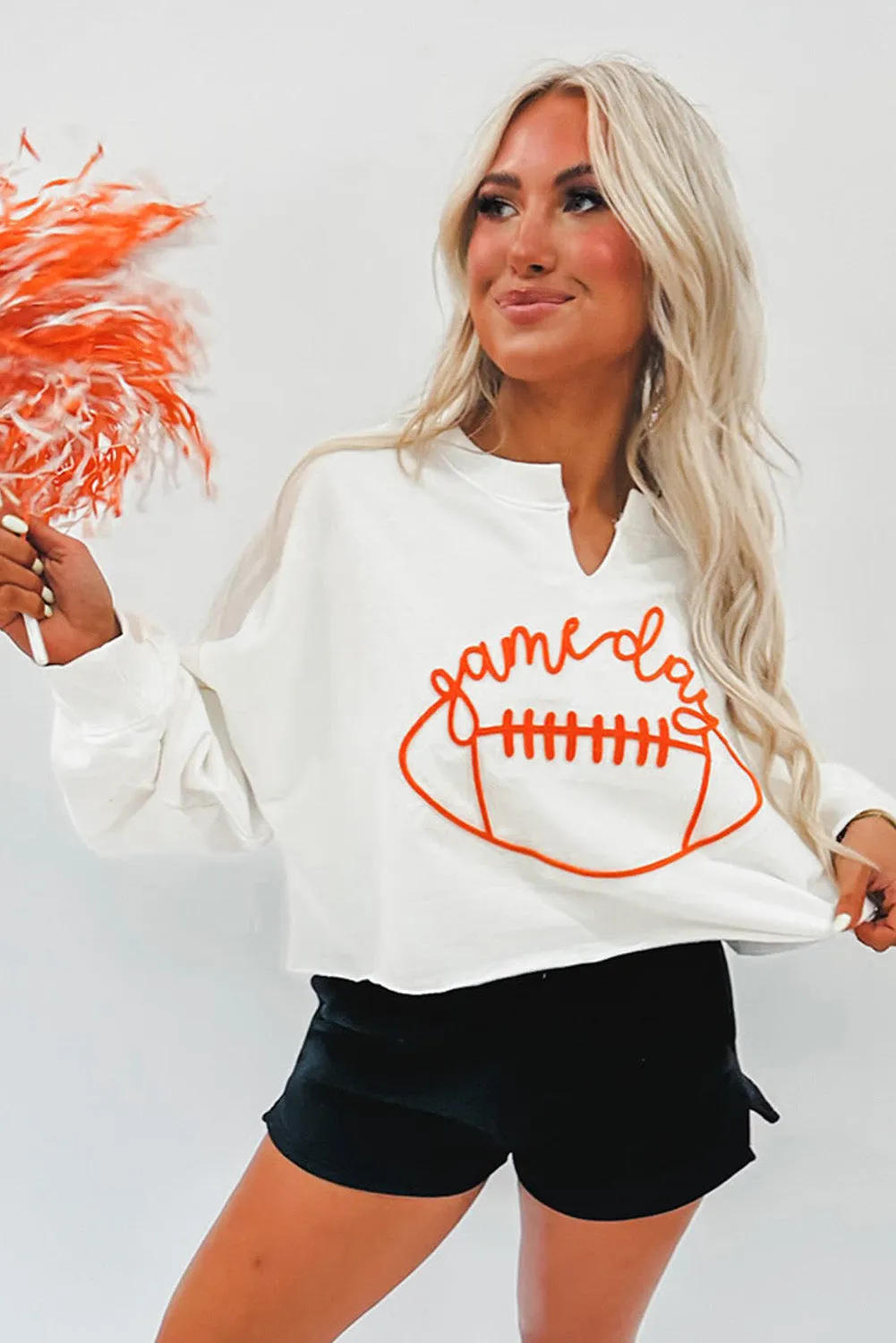 Bright White Game Day Lettering Rugby Notched Neck Sweatshirt