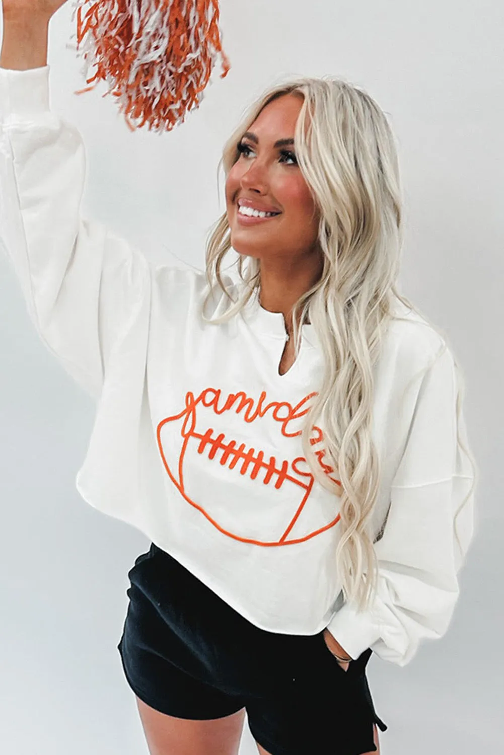 Bright White Game Day Lettering Rugby Notched Neck Sweatshirt