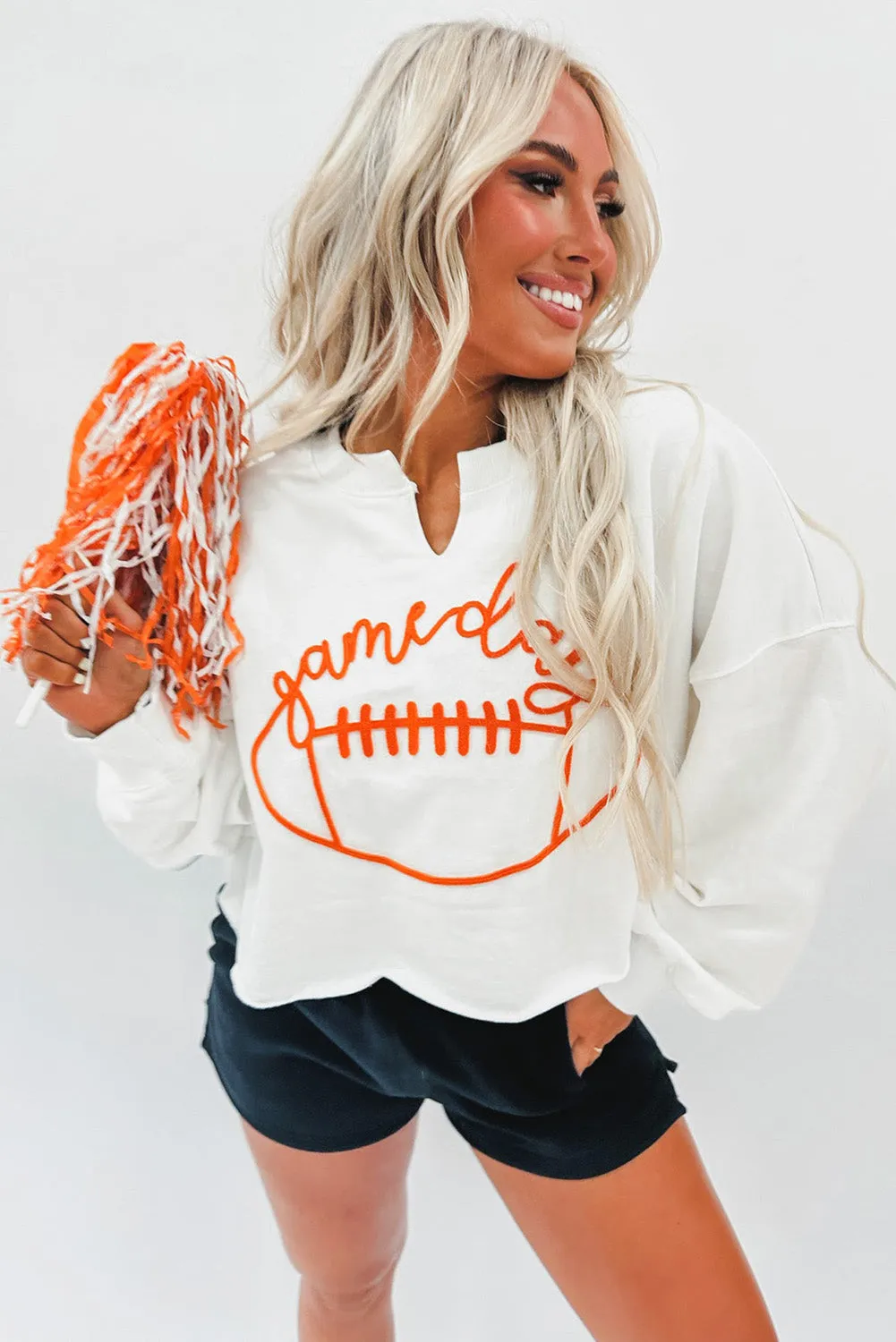 Bright White Game Day Lettering Rugby Notched Neck Sweatshirt