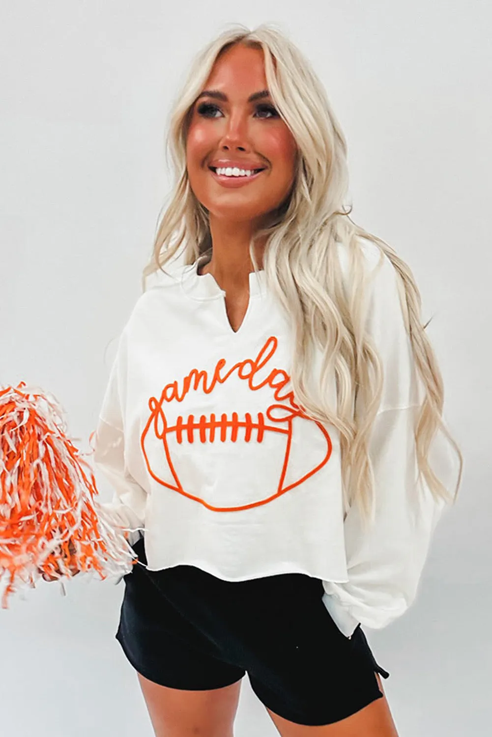 Bright White Game Day Lettering Rugby Notched Neck Sweatshirt