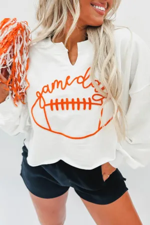 Bright White Game Day Lettering Rugby Notched Neck Sweatshirt