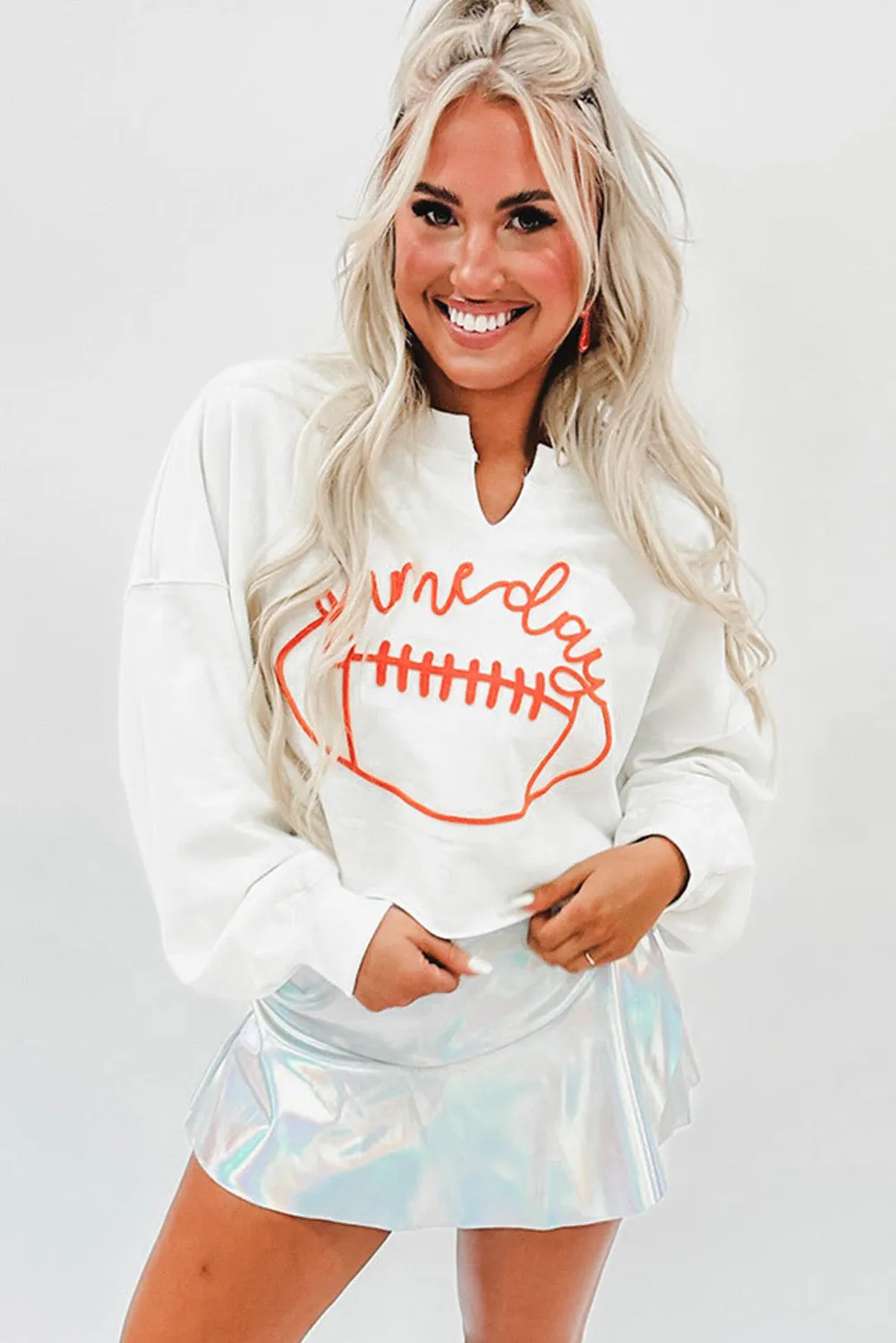 Bright White Game Day Lettering Rugby Notched Neck Sweatshirt