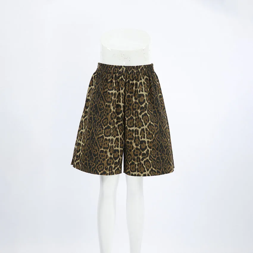 Casual Leopard Print Pure Cotton Straight Loose Shorts