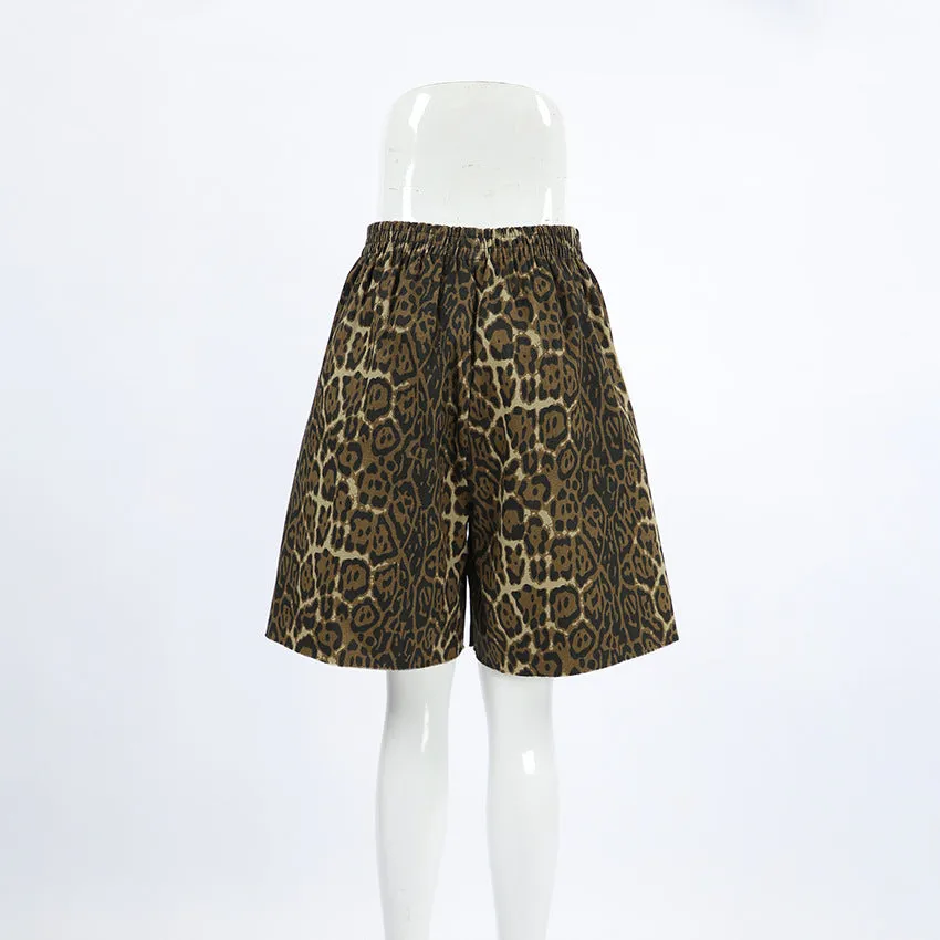 Casual Leopard Print Pure Cotton Straight Loose Shorts