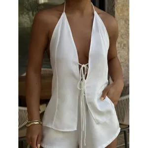 'Celestique' White Tied Halter Top & Shorts
