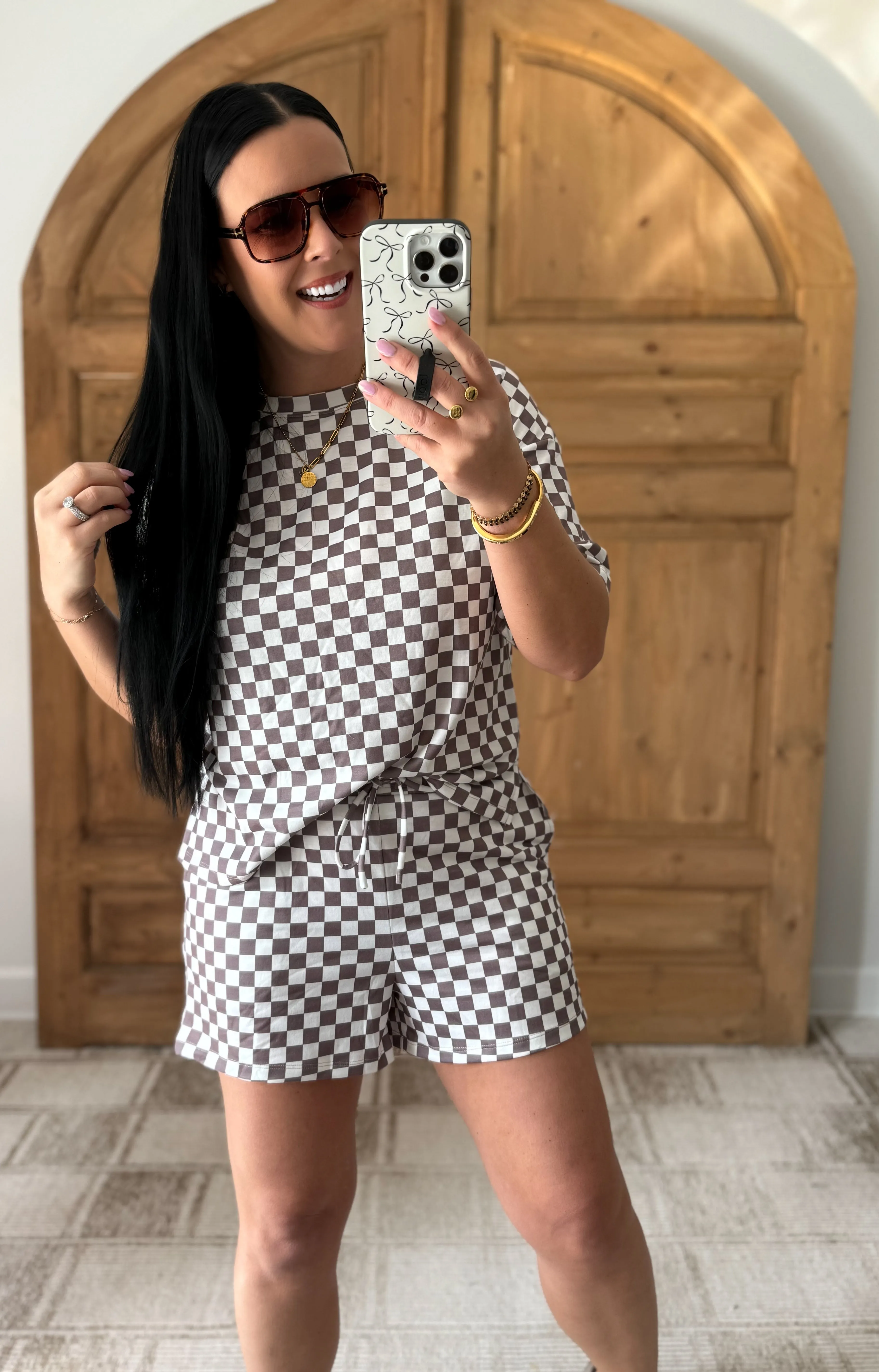 Checkered Round Neck Top and Shorts Set