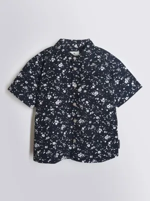 Classic Unisex Black Floral Cotton Half-Sleeve Shirt