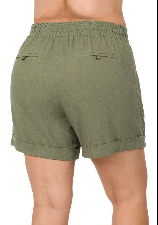 CURVY - STUCK ON YOU LINEN SHORTS - OLIVE