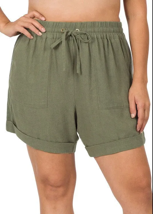 CURVY - STUCK ON YOU LINEN SHORTS - OLIVE