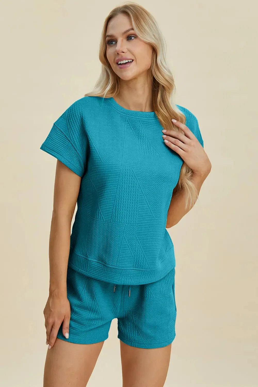 Double Take Full Size Texture Short Sleeve Top and Shorts Set