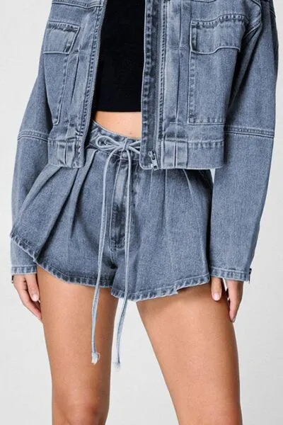 Drawstring Cargo Denim Shorts with Pockets