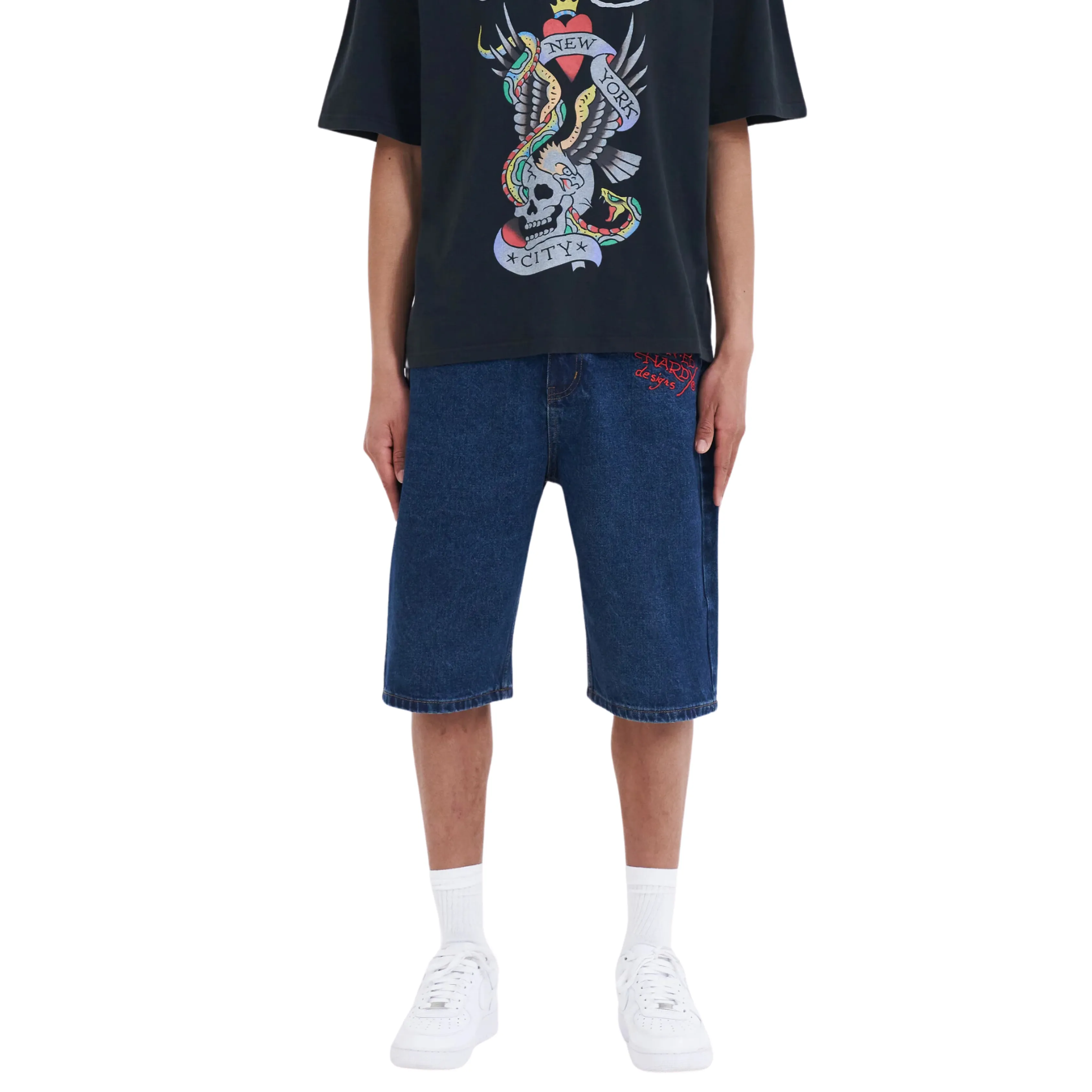 ED HARDY MENS NYC SKULL DENIM JORTS SHORTS - INDIGO