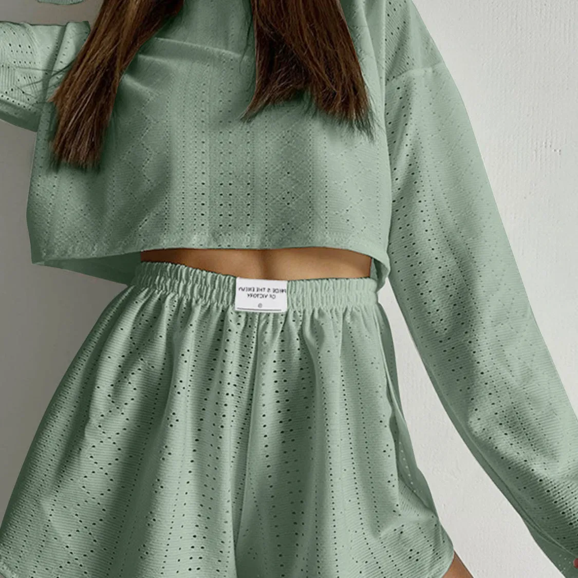 Eyelet Round Neck Top and Shorts Set