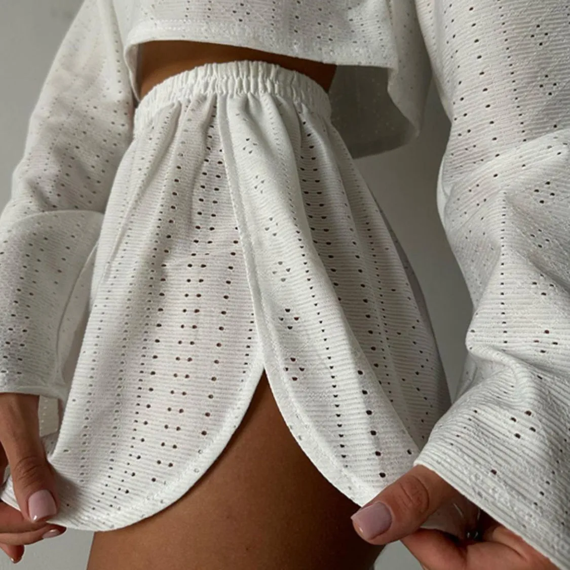 Eyelet Round Neck Top and Shorts Set