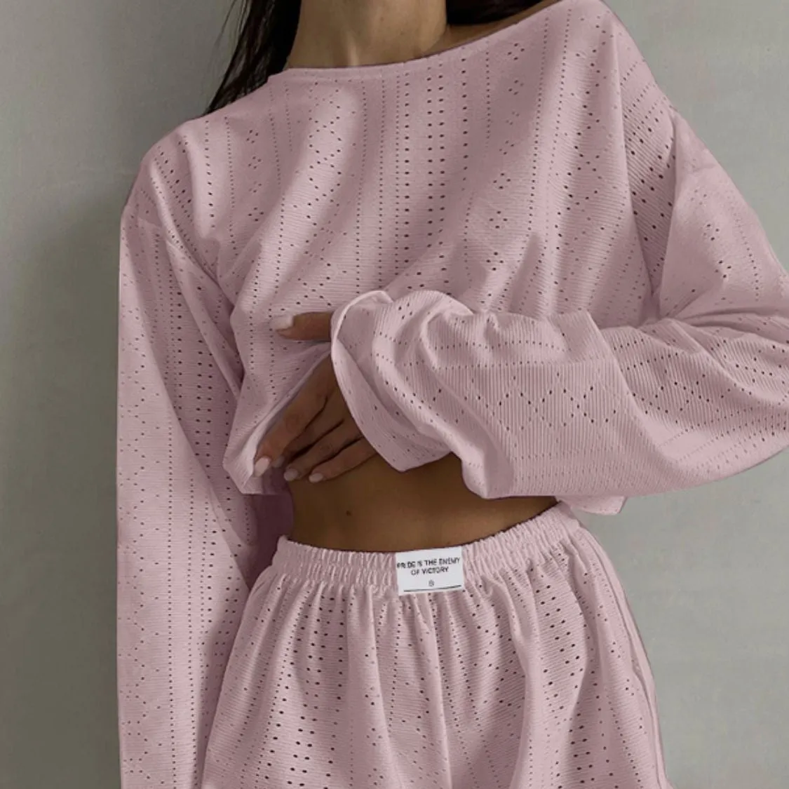 Eyelet Round Neck Top and Shorts Set