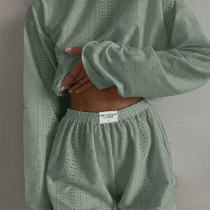 Eyelet Round Neck Top and Shorts Set