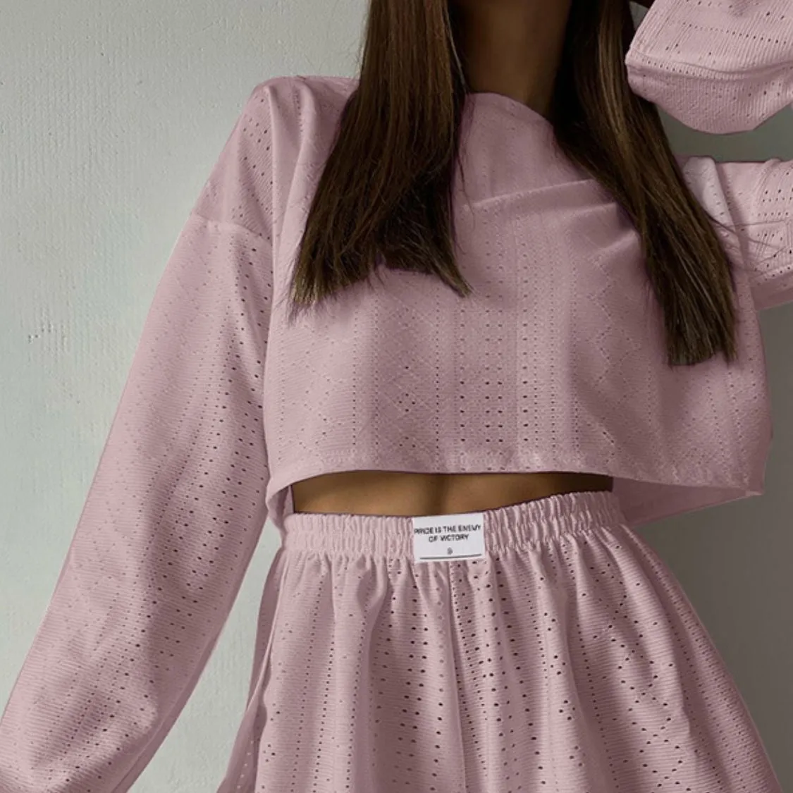 Eyelet Round Neck Top and Shorts Set