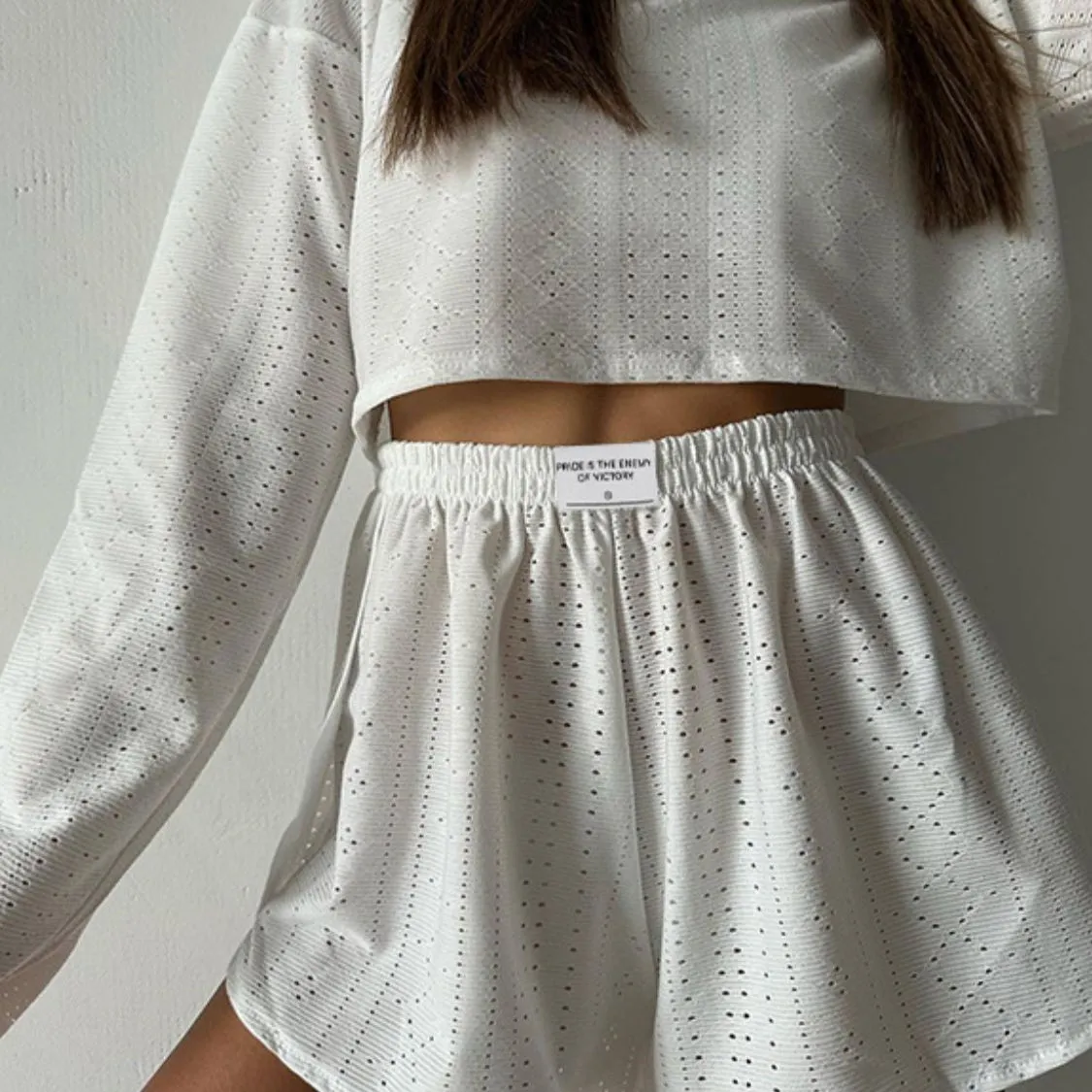 Eyelet Round Neck Top and Shorts Set