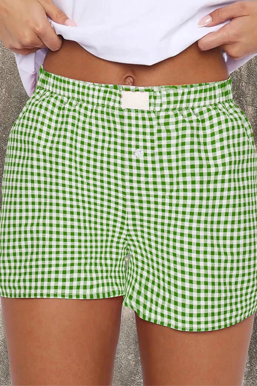 Fern Green Vintage Plaid Print High Waisted Loose Wide Leg Shorts