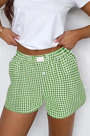 Fern Green Vintage Plaid Print High Waisted Loose Wide Leg Shorts