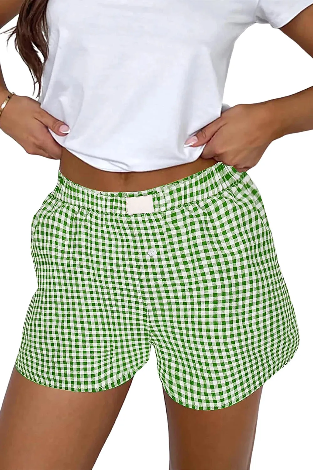 Fern Green Vintage Plaid Print High Waisted Loose Wide Leg Shorts
