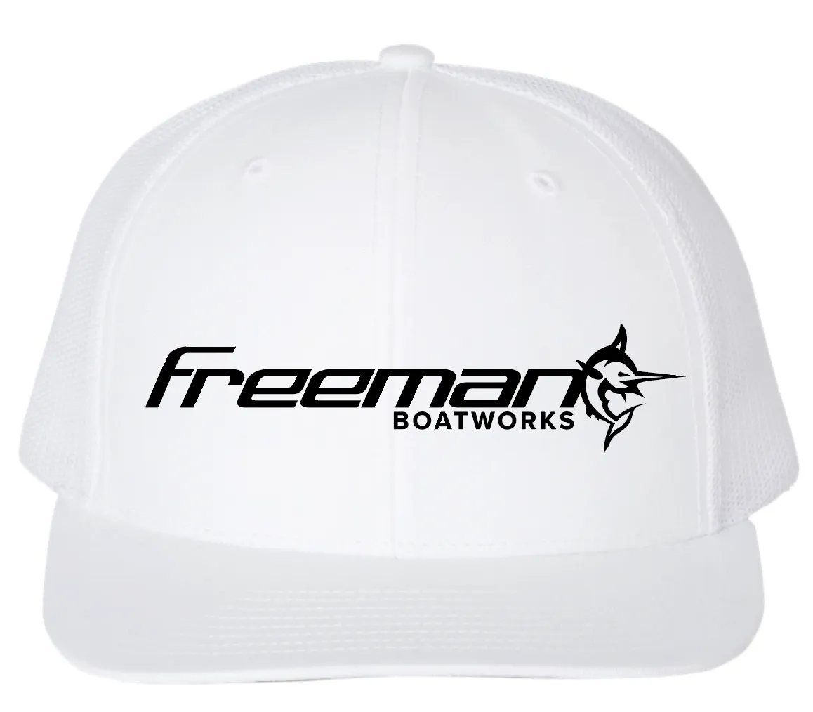 Freeman Boatworks Logo Embroidered Trucker Hat - White / White