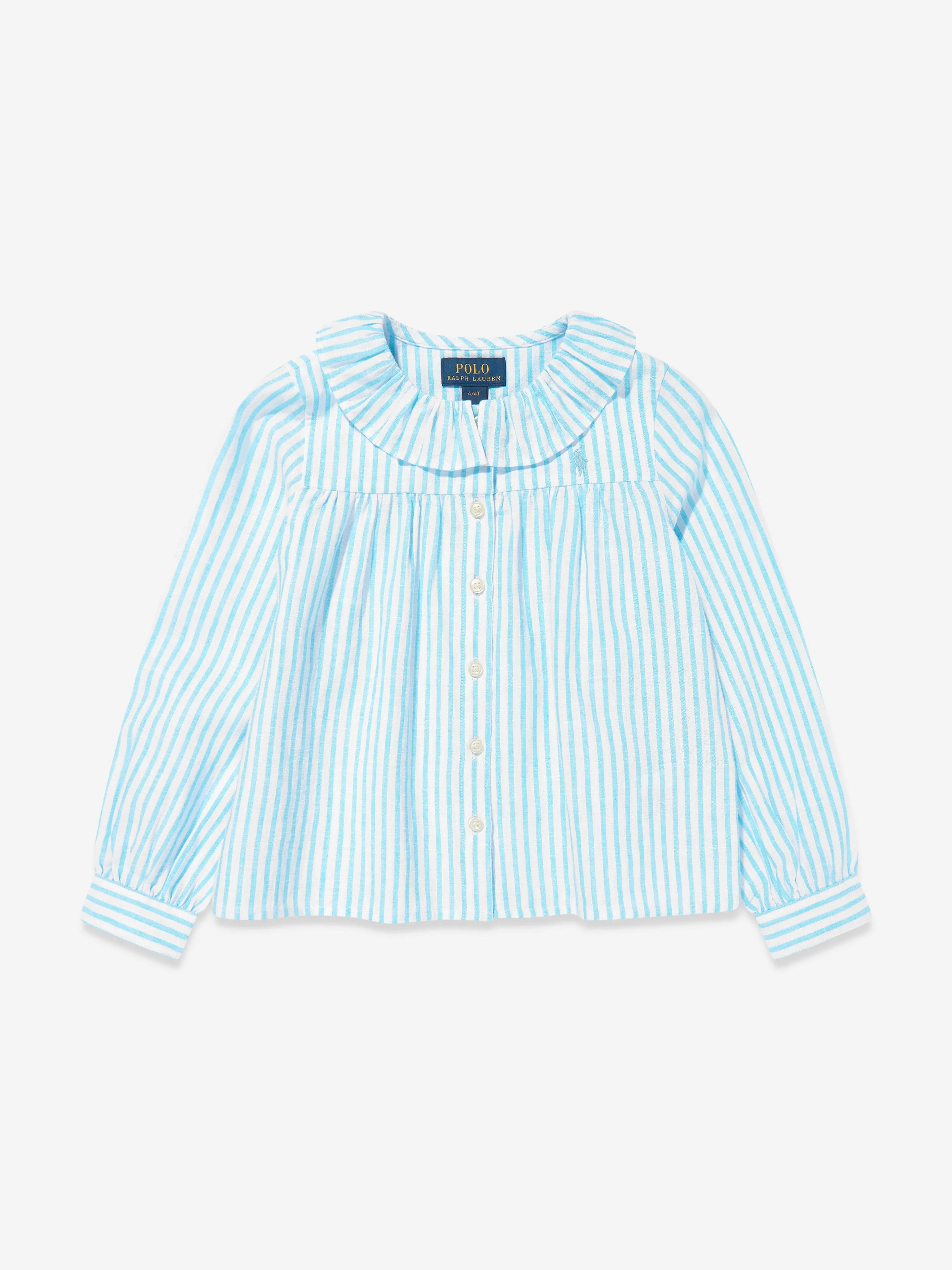 Girls Linen Striped Blouse in Blue